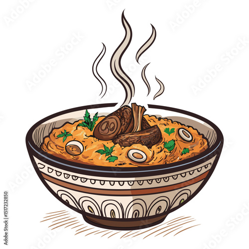 Create a bold, vector illustration of a steaming bowl of ramen noodles, emphasizing the rich broth and texture.  Include chopsticks.
