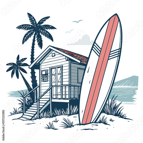 Create a bold, vector illustration of a surfboard resting on a beach, emphasizing thick outlines and a vibrant color palette.
