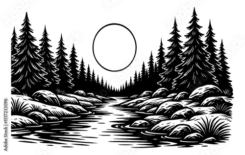 Monochrome Landscape with River, Trees, Rocks, and Moon in Engraved Style Vector