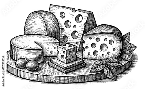 Assorted Cheeses on Wooden Board, Hand Drawn Engraving Style with Leaves in Black and White