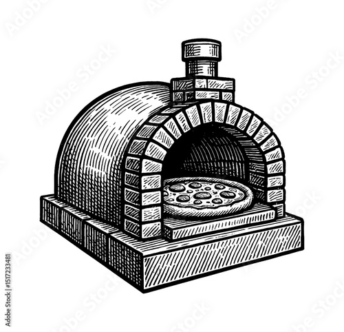 Engraved illustration of a pizza oven with a pizza inside, detailed black and white line art drawing