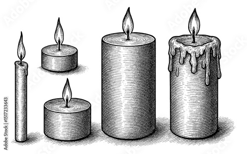 Engraving Style Illustration of Burning Candles with Wax Dripping with Detailed Line Art