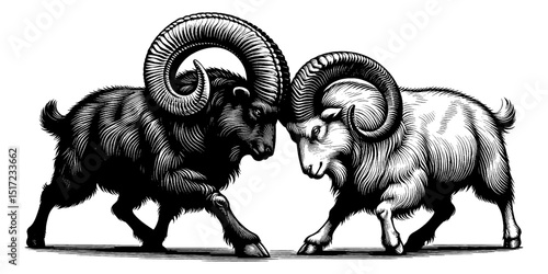 Two Rams Butting Heads, Engraving Style, Black and White Illustration, Animal Aggression, Strong