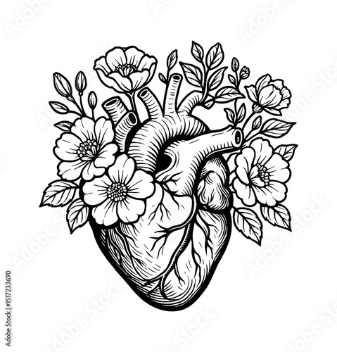 Anatomical Heart with Flowers Detailed Black and White Illustration, Floral Heart Artwork