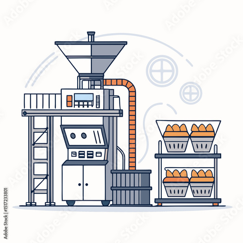 Create a bold, vector illustration of a tobacco pressing machine, emphasizing its industrial strength and mechanical details.