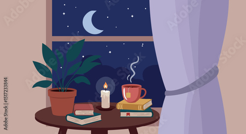 Cozy indoor night scene with plant candle books and steaming cup illustration vector 