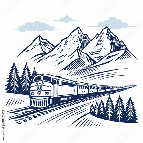 Create a bold vector illustration of a speeding train traversing a landscape, emphasizing strong black outlines and clean lines.