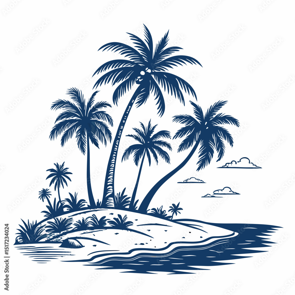 Fototapeta premium Create a bold, vector illustration of a tropical island with lush vegetation, palm trees, and a white sandy beach. Include vibrant colors.