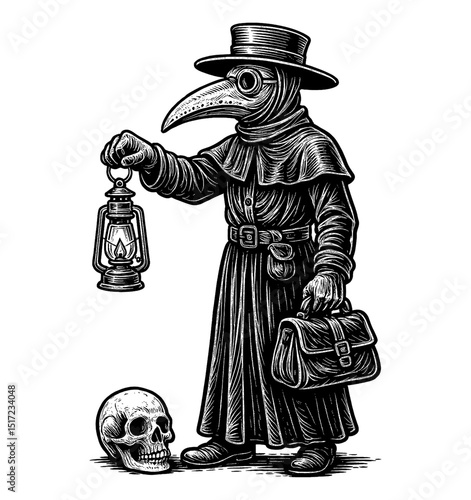 Plague Doctor Standing with Lantern, Bag, and Skull in Black and White Line Art