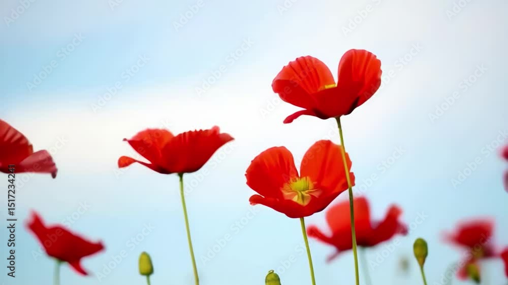 Red Poppy Flowers Blooming Against Clear Sky Red Poppy Flowers Blooming Against Clear Sky