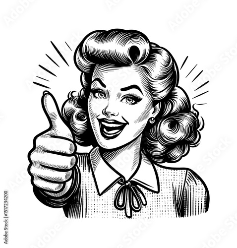 Smiling retro woman giving thumbs up in detailed black and white engraving style line art illustration
