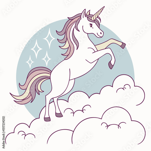 Prancing Unicorn with Pastel Mane and Tail on Clouds with Stars