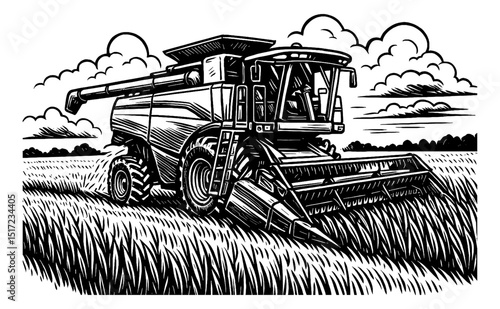 Illustration of a Combine Harvester in a Field, Black and White Engraved Style