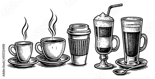 Various coffee drinks in glasses and mugs with steam and black and white engraving style