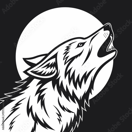 Black and white wolf howling at the moon illustration art design