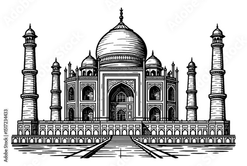 Detailed Black and White Drawing of Taj Mahal with Intricate Line Work