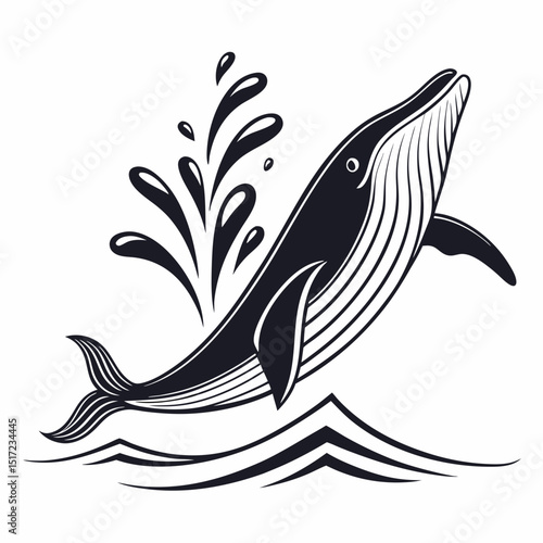 Monochrome Whale Breaching the Ocean Surface with Water Splash Illustration