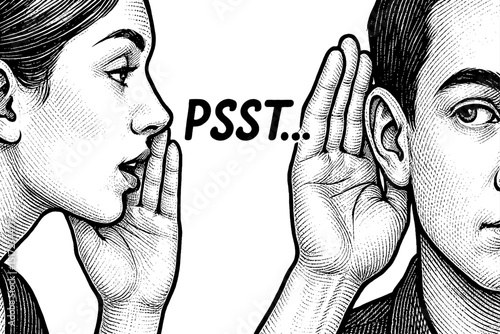 Woman Whispering Secret into Man's Ear in Black and White Detailed Engraving