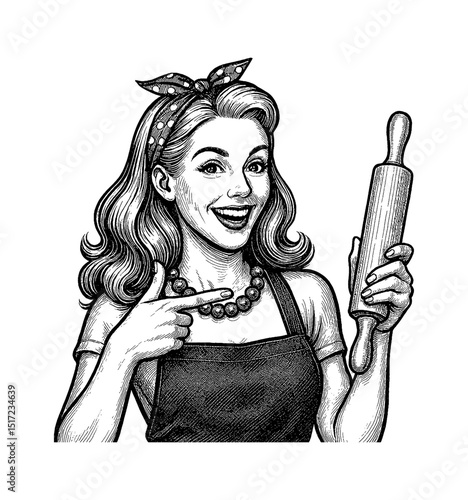 Smiling Caucasian Woman in Retro Style Holding Rolling Pin and Pointing, Black and White Engraving