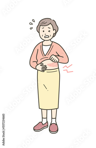 帯状疱疹で脇腹が痛み顔をしかめる高齢女性の全身イラスト