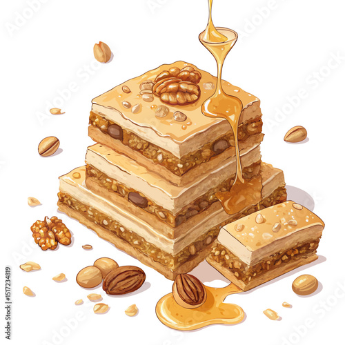 Create a bold vector illustration of baklava layers, emphasizing the texture and crispness.  Include a single (1) prominently displayed.