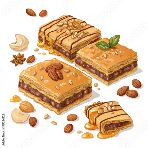 Create a bold, vector illustration of baklava layers, emphasizing the "N" shape within the pastry's structure.  Include rich, warm colors.