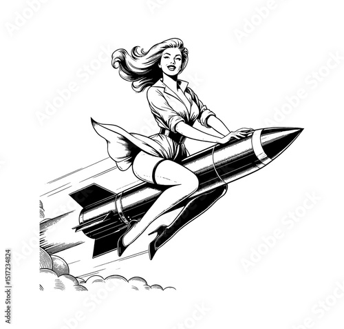 Smiling Pinup Woman Riding a Rocket, Retro Style Black and White Illustration on White Background