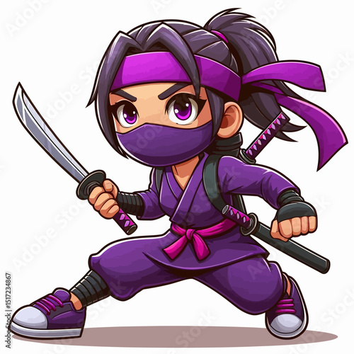 Cartoon Female Ninja in Purple Suit with Sword