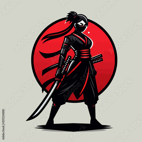 Female Ninja with Katana Sword in Battle Stance - Vector Illustration