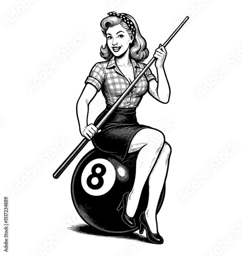 Smiling Pinup Woman Sitting on Eight Ball Holding Cue Stick Black and White Illustration