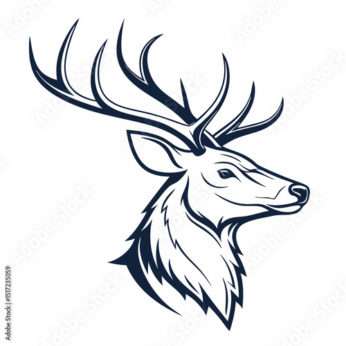 Elegant Deer Head Illustration with Detailed Antlers in a Minimalist Style