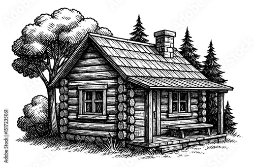Detailed Black and White Engraving of a Cozy Log Cabin in the Woods with Trees