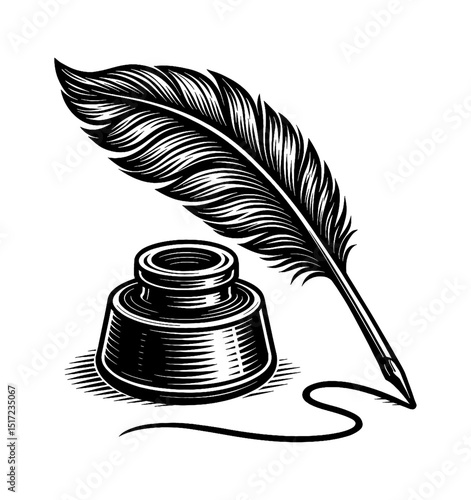 Antique Feather Quill Pen and Inkwell Vector Illustration in Black and White Engrave Style