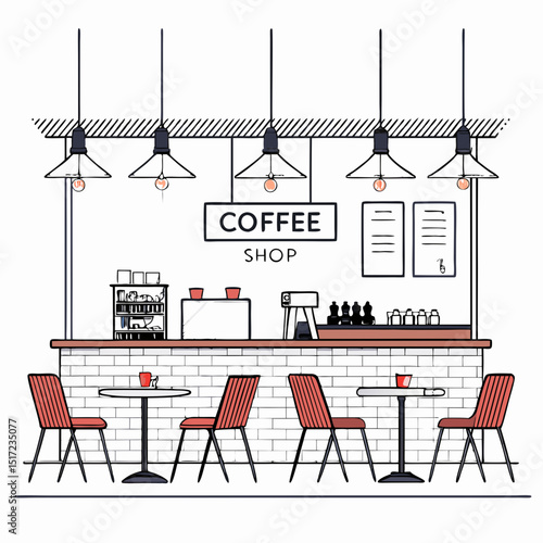 Create a bold vector illustration of a coffee shop's interior, showcasing key features like seating, counter, and coffee-making equipment.