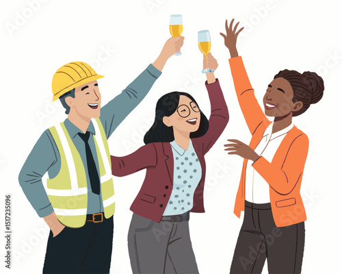 Create a bold vector illustration of diverse coworkers joyfully celebrating a success, showcasing strong outlines and vibrant colors.