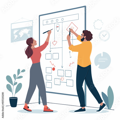 Create a bold, vector illustration of coworkers collaboratively drawing a stylized floral design, emphasizing thick outlines and vibrant colors.