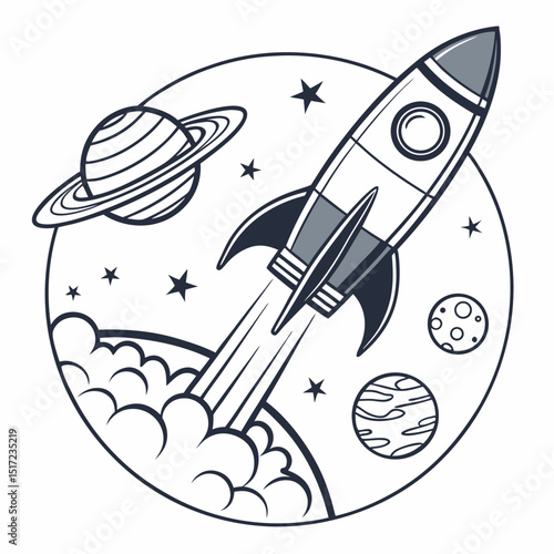 Rocket Ship Launching into Space with Planets and Stars Illustration
