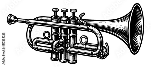 Illustration of trumpet with detailed line art in black and white with vintage style