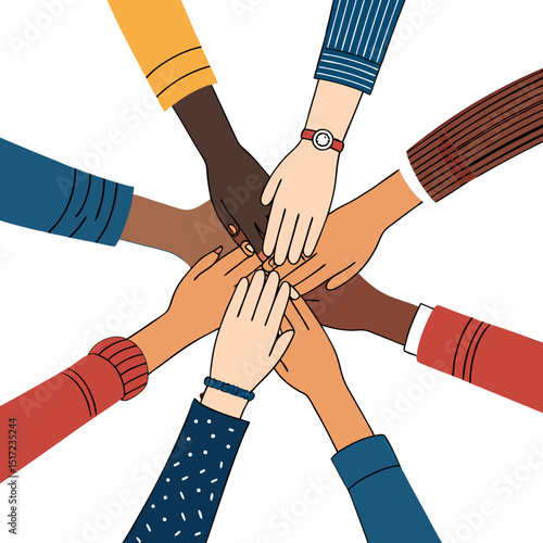 Create a bold vector illustration of diverse coworkers joining hands, symbolizing teamwork and unity.  Focus on strong, clean lines.