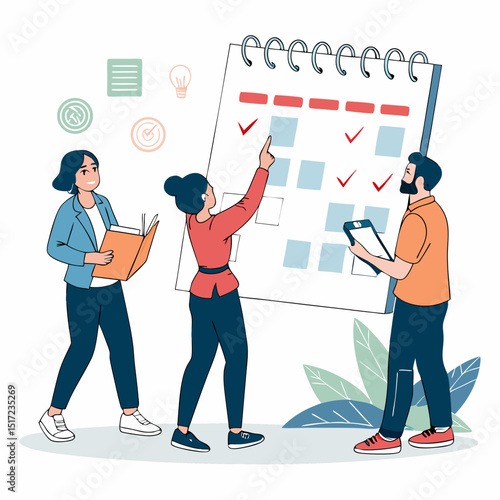 Create a bold vector illustration of diverse coworkers brainstorming collaboratively around a table, exhibiting energetic teamwork.