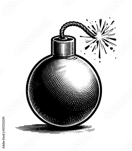 Illustration of a black bomb with a lit fuse ready to explode in cartoon style