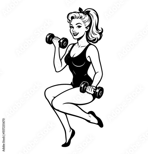 Smiling Pinup Woman in Swimsuit Doing Bicep Curls with Dumbbells in Vintage Black and White Style