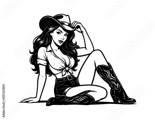 Beautiful Woman in Cowboy Hat and Boots Sitting Down with Relaxed Expression in Line Art