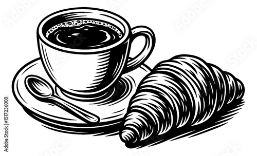 Detailed Engraving of Coffee Mug with Spoon and Croissant in Black and White, Breakfast
