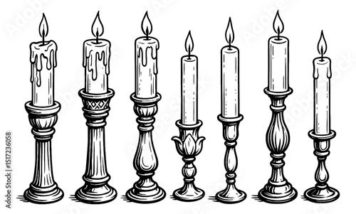 Collection of Burning Candles on Stands in Detailed Black and White Line Art Illustration