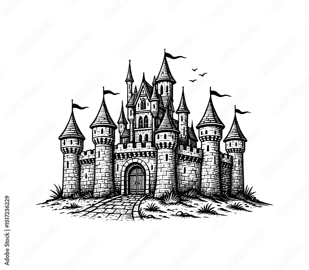 Fototapeta premium Detailed Black and White Engraving of a Medieval Castle with Flags and Birds Flying