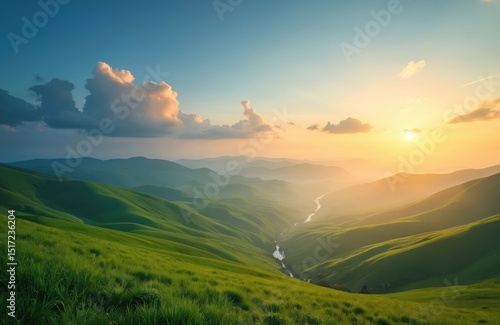 Sunrise over rolling green hills valley. Misty landscape with golden light. Nature scenic view. Peaceful, tranquil morning atmosphere. Beautiful, vibrant natural scenery.