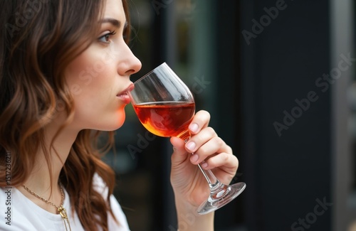 Beautiful woman drinks Negroni cocktail on a terrace. Trendy refreshing alcoholic beverage, luxury restaurant, bar. Woman enjoys aperitif. Romantic lifestyle, modern city, elegant lady.