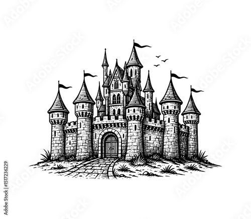 Detailed Black and White Engraving of a Medieval Castle with Flags and Birds Flying