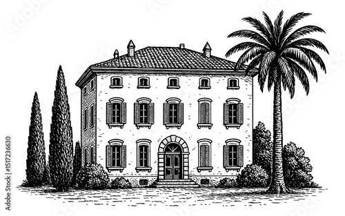 Detailed Engraving of Old Stone House with Palm Tree and Cypress Trees